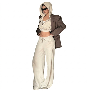 Women's Casual Solid Color <b>Knitted</b> Hoodie Pants <b>Set</b> Loose Fit Full Length Breathable Cotton Sportswear Outfit Women's <b>Sets</b> - Product Image 1