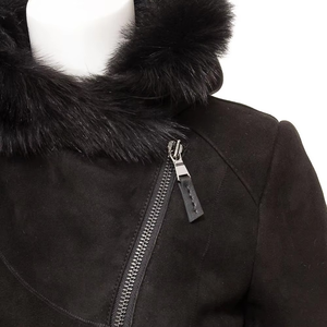 Women's <b>Black</b> Shearling <b>Jacket</b> With Fur Trim Hood Zipper Closure Regular Fit Winter Coat Full Sleeve <b>Suede</b> Outerwear - Product Image 4