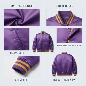 REDDITO SPORTS Men's <b>Purple</b> <b>Varsity</b> <b>Jacket</b> Solid Color Turn-down Collar Button Closure Casual Autumn Wear Regular Fit Satin - Product Image 4