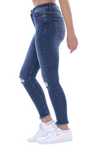 Jean skinny taille haute pour femme grande taille, longueur intégrale, en denim délavé, style décontracté, fermeture boutonnée - Product Image 2