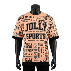 T-shirt en coton premium 220 GSM pour homme, imprimé pêche sur toute la surface, ourlet contrastant, logo personnalisé, t-shirt à double manches - Product Image 1