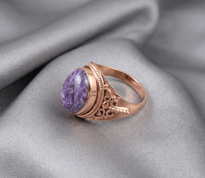 Charoite <b>Ring</b> <b>925</b> <b>Silver</b> Rose Gold & Yellow Gold Plated Vintage Oval Gemstone Statement <b>Ring</b> Handmade Jewelry for Women Men - Product Image 6