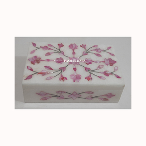 Caja de joyería con incrustaciones de mármol blanco natural Diseño de incrustaciones de flores hechas a mano Forma rectangular utilizada para embalaje y regalo de anillos dorados - Product Image 5