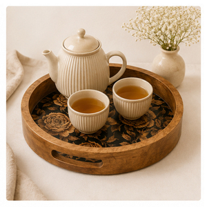 Plateau de service rond en bois de manguier artisanal de luxe avec imprimé floral vintage rose, organiseur de table pour café, thé et collations - Product Image 3