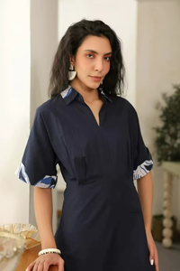 Women's Eco-Friendly Knee-Length Half Sleeve Formal Dress Custom Printed 100% Cotton Indigo Birdscape Design Woven Washable - Product Image 2