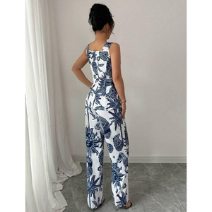 Womens Blue & White Printed Peplum Top with Wide Leg Pants Co ord <b>Set</b> - Product Image 3
