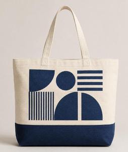 Geometric Print Blue/Navy Cotton <b>Canvas</b> Tote Bag Magnetic Snap Closure Large Capacity Women's Shoulder <b>Handbag</b> Eco-Friendly Dual - Product Image 1