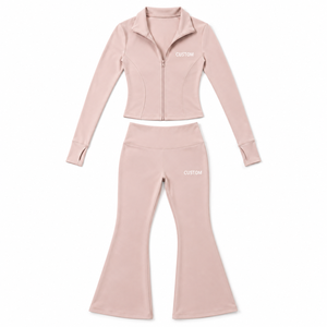Ladies Nude Fitness Set Fitted <b>Zipper</b> <b>Jacket</b> Wide Leg Yoga Trousers Set High Rise Workout Apparel Private Label 2 Piece Yoga Set - Product Image 4