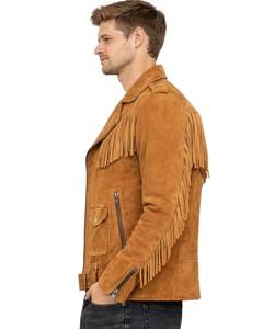 Men's Brown <b>Suede</b> Fringe <b>Leather</b> Biker <b>Jacket</b> Turn-down Collar Zipper Closure Casual Winter Breathable Windproof Nonwoven - Product Image 5