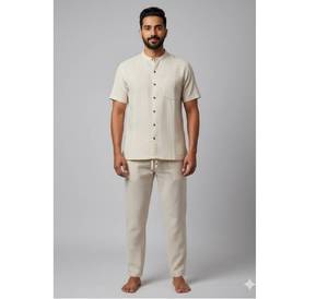 Premium Beige Men's Resort Wear Linen Set Breathable Summer Beach Short Sleeve Button Up Top and Loose Fit Trousers Eco-Friendly - Product Image 1