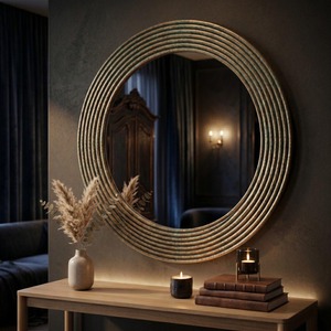 Gold Ribbed <b>Round</b> <b>Mirror</b> with Metal Frame and Smooth Edge Modern Luxury Handmade <b>Wall</b> Decor From REHMAN CRAFT - Product Image 2