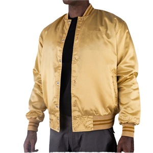 Men's Gold Satin Bomber <b>Jacket</b> Solid Color Casual Fit Regular Length Turn-down Collar Polyester Material Autumn Wear - Product Image 1