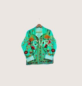 Veste décontractée à col mandarin brodé de fleurs, style chinois, manches longues, pour femme, grande taille, en polyester vert, collection automne - Product Image 3