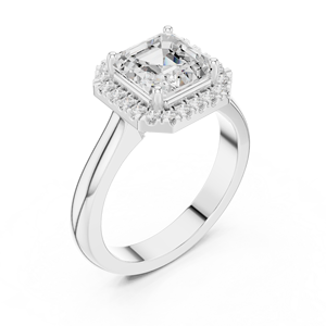 Anillo de compromiso solitario con halo de diamantes brillantes talla Asscher y banda lateral con diamantes pavé, joyería de oro blanco macizo de 14k - Product Image 5