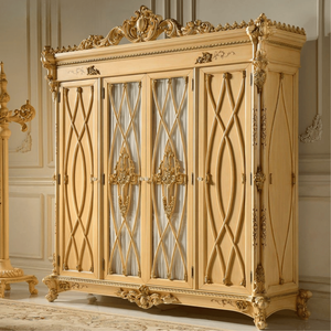 Premium French Classic Mahogany Wood <b>Wardrobe</b> Ivory Finish Upholstered Panel Gold Detail Closet Elegant Furniture Customized - Product Image 3