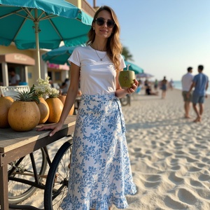 Falda envolvente con estampado de bloque de vid azul y blanco para mujer para Primavera Verano para Casual Glam con blusa de camiseta - Product Image 1