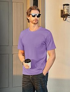 T-shirt pour homme à manches courtes, coupe ajustée, col rond, en coton pur, avec poche poitrine, tricoté, couleur unie, décontracté - Product Image 3