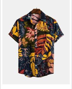 Chemise décontractée pour homme à col montant, manches courtes, imprimé feuilles tropicales hawaïennes, en sergé, noir et vert, respirante, écologique, pour l'hiver - Product Image 2