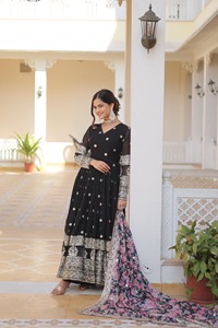 Indian Traditional Wear Faux Georgette Material Embroidery Zari Sequence Work Anarkali Gowns with Tabby Silk Embroidery Dupatta - Product Image 3