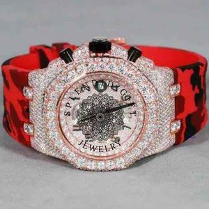 Splendide montre de luxe pour homme avec strass, mouvement ETA, cadran 28 mm, bracelet en silicone rouge, verre saphir, écologique - Product Image 1