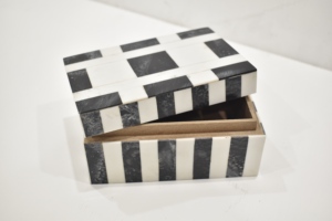 Premium Black & White Checkered Resin Storage <b>Box</b> with Striped Base Decorative Tabletop Organizer with Lid - Product Image 2