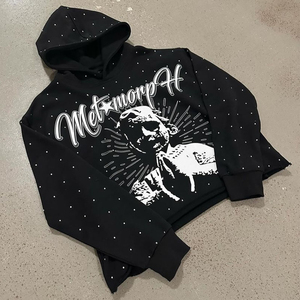 Sweat à capuche en coton pour homme, personnalisé OEM, de haute qualité, décontracté, luxueux, entièrement orné de strass, respectueux de l'environnement, impression sérigraphique pour l'hiver - Product Image 2