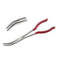 Alicates de punta curva de 290 mm de largo con mordazas dentadas, mangos de PVC, acero OEM, para fabricación de joyas, aplicaciones de crimpado de circlips, sin resorte