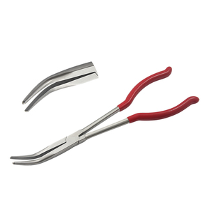 290mm <b>Long</b> Bent Chain <b>Nose</b> Plier Serrated Jaws PVC Handles Steel OEM Jewelry Making Circlip Crimping Applications W/O Spring - Product Image 1