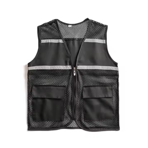 Gilet de sécurité en maille noire pour homme avec bandes réfléchissantes, fermeture éclair, poches, vêtement d'extérieur décontracté d'été, respirant, col en V - Product Image 1
