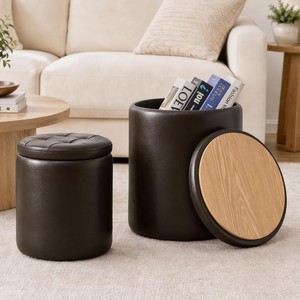 Pouf de rangement en bois de manguier et similicuir, vente en gros Moradabad - Product Image 2