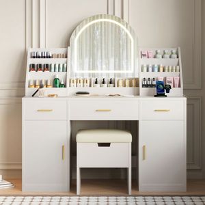 47.2\" <b>Makeup</b> Vanity with Lighted <b>Mirror</b> Vanity Desk with Cushioned Storage Stool & 3 Drawers Dressing Table with Two Organizers - Product Image 3