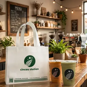 Sac de courses réutilisable en non-tissé avec logo personnalisé imprimé à l'écran et thermosoudé pour l'épicerie, la vente au détail et les cafés - Product Image 1