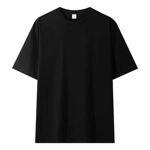 Camiseta de algodón negra para hombre, cuello redondo, manga corta, corte regular, color sólido, informal, tejido de punto, teñido liso, transpirable. - Product Image 1