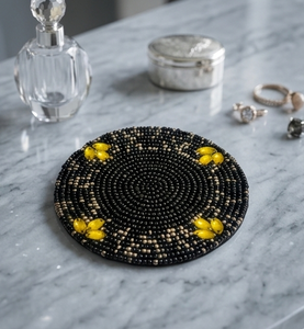 Black Yellow Beaded Coaster Handmade Round <b>Table</b> Decor Elegant Coffee Coaster Dining <b>Table</b> <b>Mat</b> Stylish Home Decoration Piece - Product Image 5