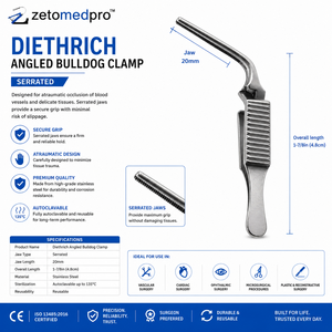 Pinza Angulada Tipo Bulldog DIETHRICH con Mordazas Serradas de 20 mm (1-7/8 pulgadas) 4.8 cm, Pinza Cardiovascular ZETOMEDPRO - Product Image 4