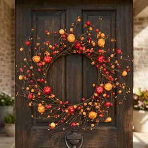Corona de Calabazas Vibrante para Otoño, Base Rústica de Ramas con Bayas Rojas, Decoración Festiva para el Hogar, Puerta Principal, Acción de Gracias, Halloween - Product Image 5