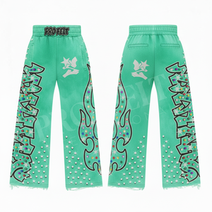 Pantalon de jogging OEM décontracté pour homme, couleur unie, motif flamme imprimé, coupe ample, en molleton avec strass, pour le fitness - Product Image 2