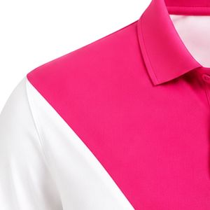 Polo rose vif à empiècements croisés blancs, manches courtes, col, haut décontracté, uniforme, couleur contrastante, broderie personnalisée, vêtement de sport - Product Image 3