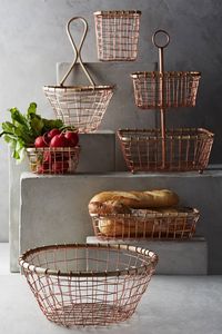 Cestas de Almacenamiento de Alambre de Cobre con Asas, Forma de Cuenco, Organizador de Cocina Rústico, Cesta Colgante Multiusos - Product Image 1