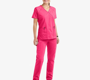 Tenue d'hôpital pour femmes, uniforme médical en tissu tissé, logo personnalisé, spandex, design moderne avec fermeture éclair, pantalon large, mouvements faciles - Product Image 1