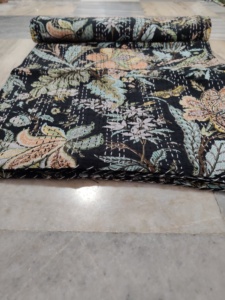Handmade Kantha Quilt Reversible Floral Print Cotton <b>Bedspread</b> Black Multi Color Decorative Blanket for Women Adults gift - Product Image 2