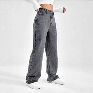 Pantalones Vaqueros de Cintura Alta y Pierna Ancha para Mujer, de Algodón Lavado, Estilo Casual, Holgados, Color Gris, Estilo Otoñal - Product Image 2