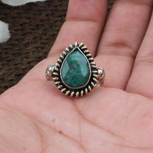 925 Sterling <b>Silver</b> Bezel Setting Green Emerald Cut Handmade Classic <b>Boho</b> Dainty Solitaire <b>Ring</b> Certified Jaipur Unisex - Product Image 3