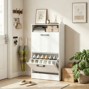 Meuble de rangement pour chaussures avec séparateurs réglables, design fin inclinable, blanc, pour entrée et couloir - Product Image 3