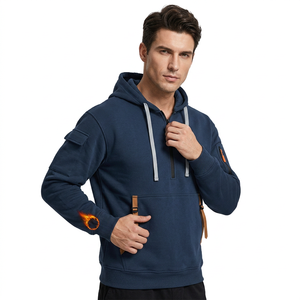 Sudadera con capucha azul marino para hombre, media cremallera, corte regular, algodón French Terry, diseño casual con bolsillos, para otoño, 320-580 GSM, ecológica, frontal - Product Image 2