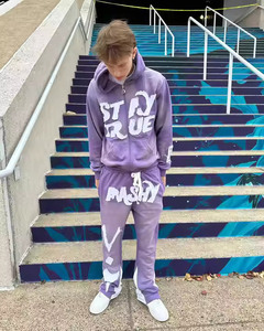 Super Quality Plus Size Winter Acid Wash Tracksuit Distressed Embroidery Hooded Jogging Custom Logo Streetwear Solid - Product Image 3