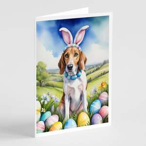 Whimsical A7 Tamaño 5x7 Tarjetas de felicitación de notas en blanco Paquete de 8 Foxhound inglés Diseño de caza de huevos de Pascua con sobres - Product Image 1