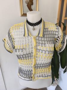 Top corto de malla de ganchillo para mujer, manga corta, cuello polo, bloques de color, estilo bohemio, ropa de primavera y verano - Product Image 4