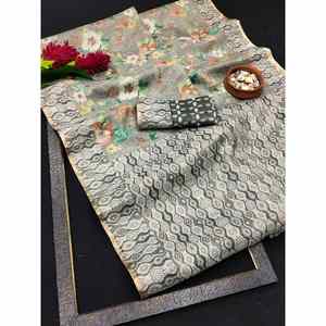 DISEÑADOR EROAD SILK DIGITAL PRINT WORK SAREE CON BLUSA DESCOSADA GRIS - Product Image 1