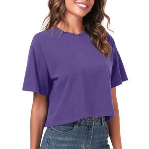 Camiseta Corta Morada para Mujer, Cuello Redondo, Corte Holgado, Informal, Color Sólido, Tejido de Punto, Algodón Jersey, para Primavera/Verano - Product Image 1